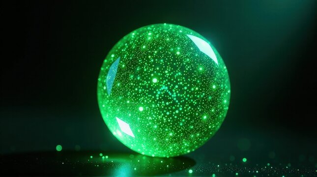 Glowing green sphere with sparkling particles in dark ambient lighting.