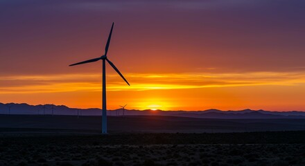 Wind Turbine at Sunset in Field with Mountains