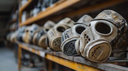 Shelf full of used, weathered gas masks in a storage facility showing preparedness