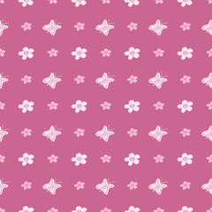Pink Butterfly and Flowers Seamless Pattern