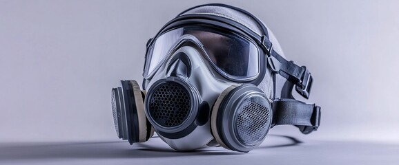Close-up still life of a full face respirator mask against a neutral backdrop
