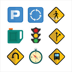 Nine traffic and navigation symbols.