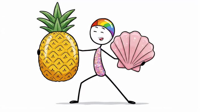 Playful Stick Figure Holding Pineapple and Seashell Wearing Colorful Swimsuit Against White Background Symbolizing Summer Fun and Tropical Vacation Vibes