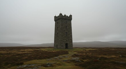 Obraz premium Stone Tower in Overcast Moorland Landscape