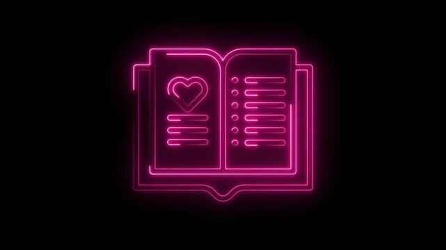Glowing pink neon open book icon with heart shape and text layout animated