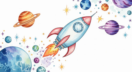 A vector cartoon space rocket design with a funny fish pattern on a blue background