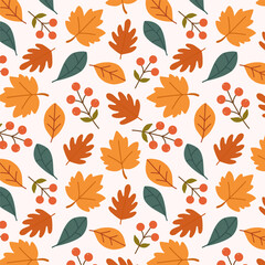 Seamless vector pattern with autumn leaves and berries in warm orange, green, and red tones. Perfect for seasonal wrapping paper, textile prints, wallpapers, and fall-themed designs.