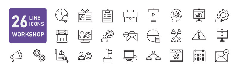 A collection of Workshop icons in line style.teamwork, coaching, meeting, managing, coaching,Containing team building, motivation and more isolated on white background