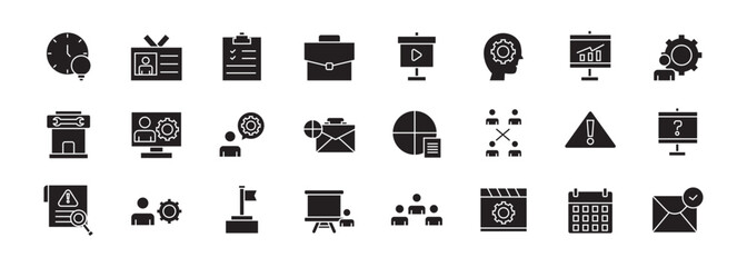 A collection of Workshop icons in solid style.teamwork, coaching, meeting, managing, coaching,Containing team building, motivation and more isolated on white background