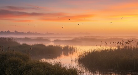 Fototapeta premium Misty Wetland at Sunrise