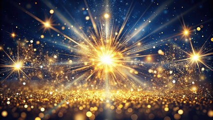 Fototapeta premium golden glitter explosion from center, deep navy background, scattered flecks of light, cinematic sparkle depth 