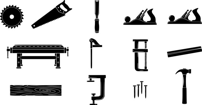 Carpentry tools solid icon set &ndash; silhouette woodworking, diy, and craftsmanship symbols for builders: saw blade, chisel, plane, workbench, clamp, wood board, nails, hammer.