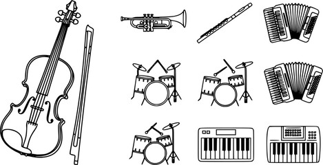 Musical instruments icon set &ndash; outline style music symbols for sound design, concert planning, and orchestra setup: violin, trumpet, flute, drums, keyboard, accordion