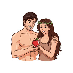 Happy Adam and Eve Holding Apple – Garden of Eden Story – Isolated Vector Art