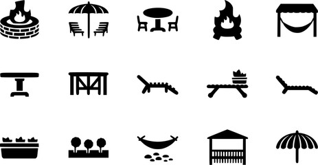 Garden and patio solid icons set – filled style outdoor, relaxation, and furniture symbols for home design: fire pit, table, lounge chairs, pergola, hammock, planter.