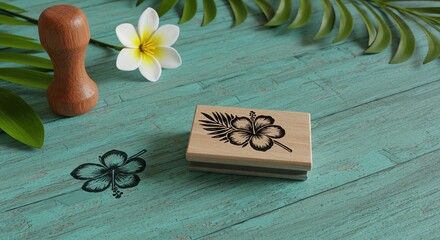 Hibiscus Flower Stamp on Blue Wood Background