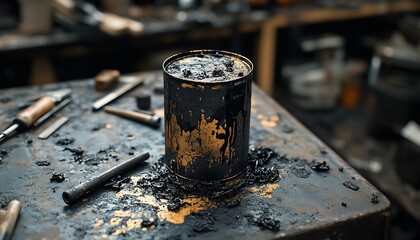 Viscous Black Liquid Overflowing from a Metal Canister on a Dirty Workbench