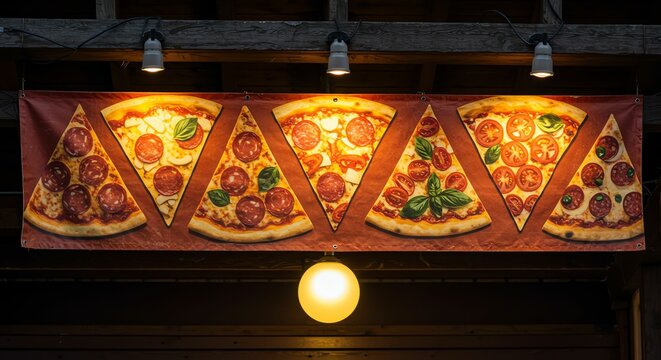 Pizza Slice Banner with Pepperoni and Tomato