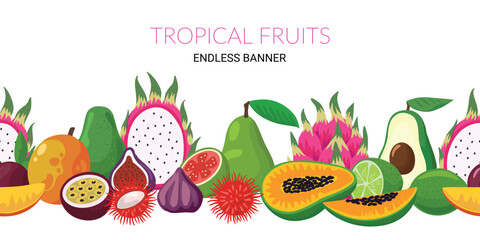 Endless seamless banner with exotic tropical fruits.