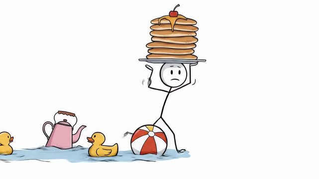 Stickman Balances Stack of Pancakes Near Beachball Teapot and Rubber Ducks on White Surface Symbolizing Summer Fun in Cartoon Style