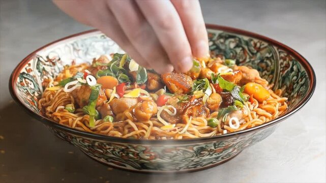 Bak chor mee food in dish with spices and smoke around