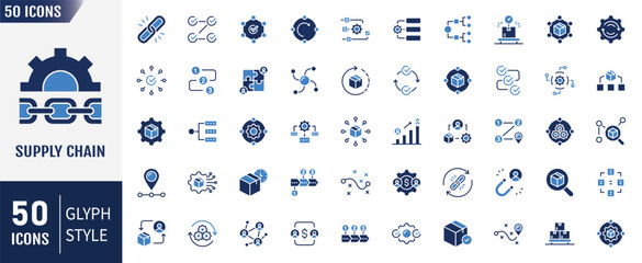 Supply chain icon set. Containing supply chain, value chain, logistic, delivery, manufacturing, commerce and more. Vector illustration. Editable stroke