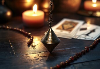 Metallic pendulum hanging over a wooden surface surrounded by beaded necklace, tarot cards, and lit candles creating a mystical and calm atmosphere
