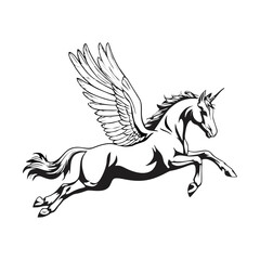 Fototapeta premium Majestic Winged Unicorn in Flight: Elegant Black and White Illustration