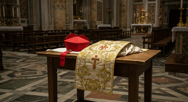 Cardinal Hat and Stole on Table in Church