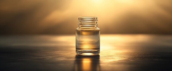 Apothecary Essence: Golden Serum in a Glass Vial Bathed in Warm, Radiant Light