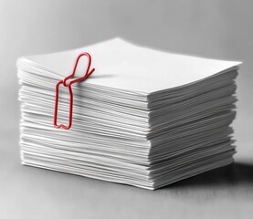 Thick stack of plain white paper sheets held together by a red paperclip against a neutral background