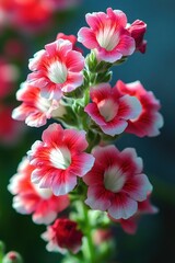Fototapeta premium Close-up of vibrant pink and white trumpet-shaped flowers blooming on a green stem with a blurred natural background