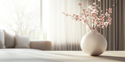 Sunlit room, minimalist aesthetic; soft beige couch blurred in background,  a simple white vase with delicate pink blossoms in focus on a light wood table