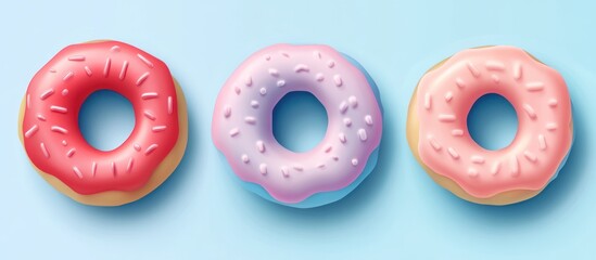 Fototapeta premium Vibrant and Glossy Doughnuts with Sweet Glazes on a Minimalistic Light Blue Surface