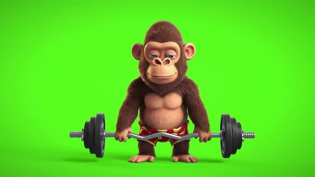 Cartoon monkey lifting barbell on green screen animation for fitness exercise and humor concepts, Generative AI
