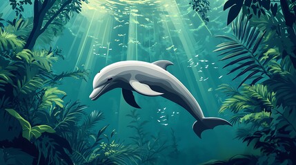 Fototapeta premium Dolphin swimming in a lush underwater forest.