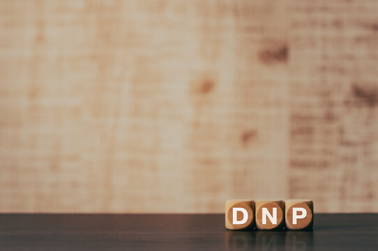 There is wood cube with the word DNP. It is an abbreviation for Distributed Network Protocol as eye-catching image.