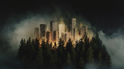 Surreal cityscape emerging from a forest with misty atmosphere evoking mystery