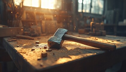 Warm workshop interior with a hammer resting on a work surface during sunset