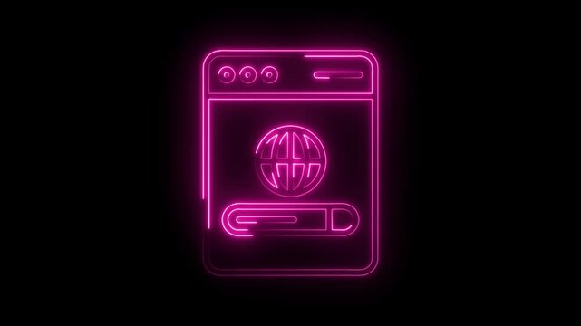Neon browser window with globe icon and loading bar animation on black background