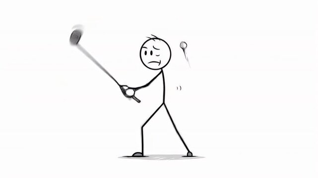 Stickman Playing Golf with Concerned Expression on White Background Symbolizing Struggles
