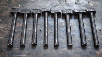 Row of identical hammers in an organized arrangement on dark workshop surface