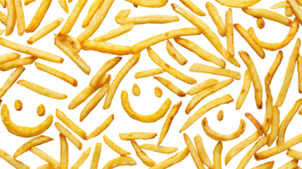 French fries arranged in a smiley face pattern, playful food concept on transparent background

