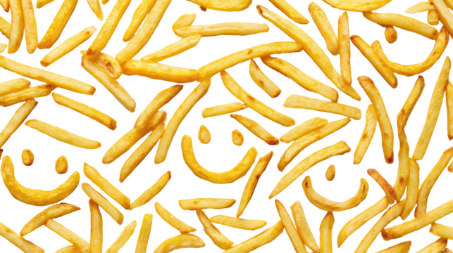 French fries arranged in a smiley face pattern, playful food concept on transparent background

