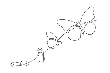 Continuous one line drawing of Butterfly life cycle. Single line drawing illustration of Growth Butterfly. Perfect metamorphosis concept vector art. Line vector illustration.