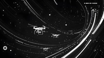 White drones in a black, swirling, digital space.