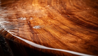 Close-up view of a glossy wooden surface with water droplets and a resin edge