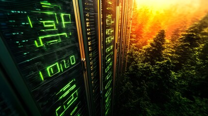 Server racks with binary code displayed, set against a lush forest backdrop.