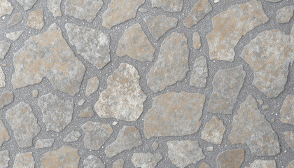 Overhead close-up of irregular seamless stone paving texture, Mediterranean textured wall, ground material, natural rustic grey stones surface. Durable outdoor flooring for patios, walkways, squares. 