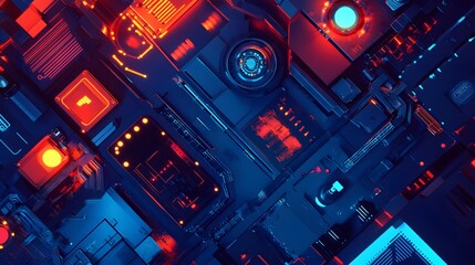 Detailed illustration of futuristic circuit board with glowing components.
